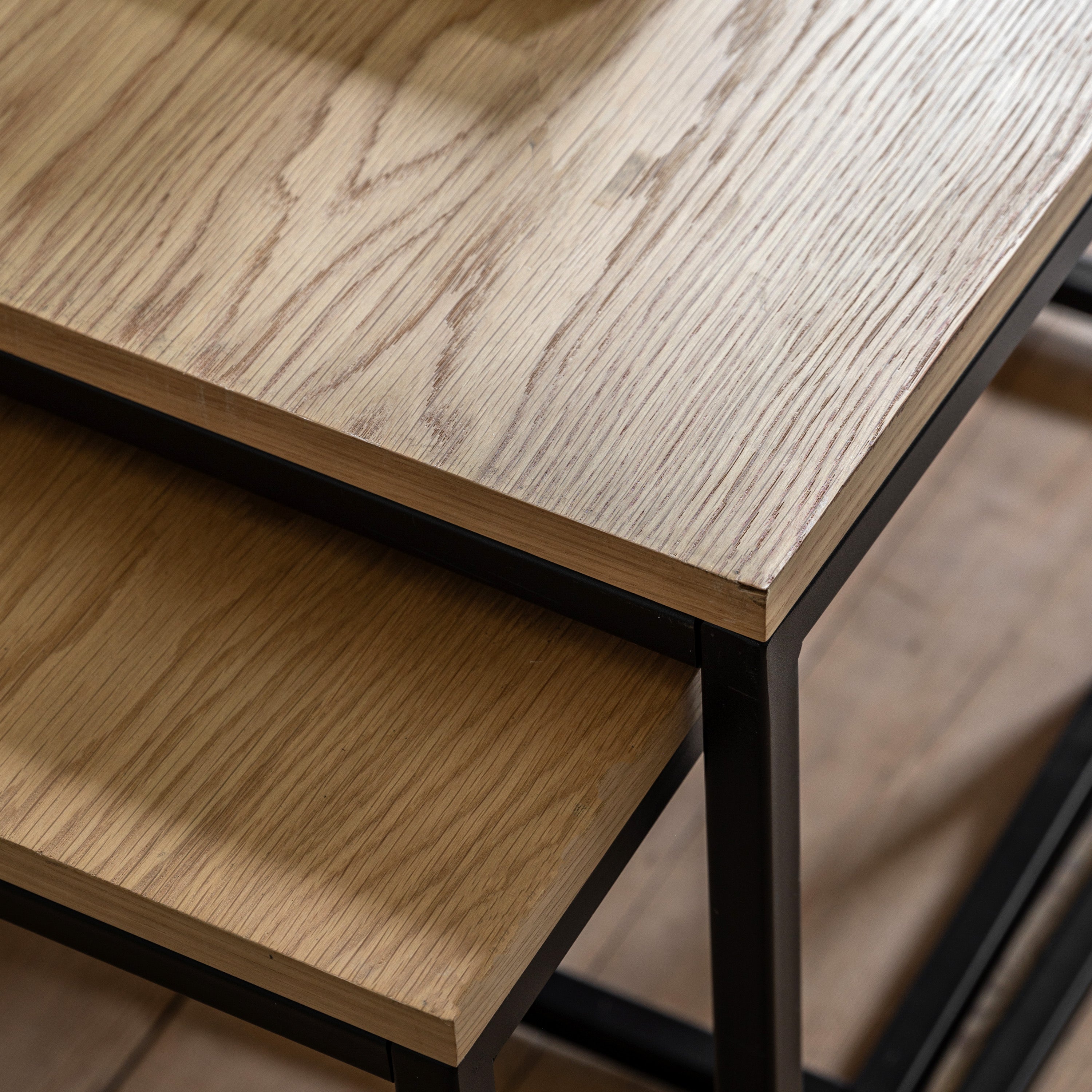 Bentley Natural Oak Wood & Matt Black Coffee Table Nest